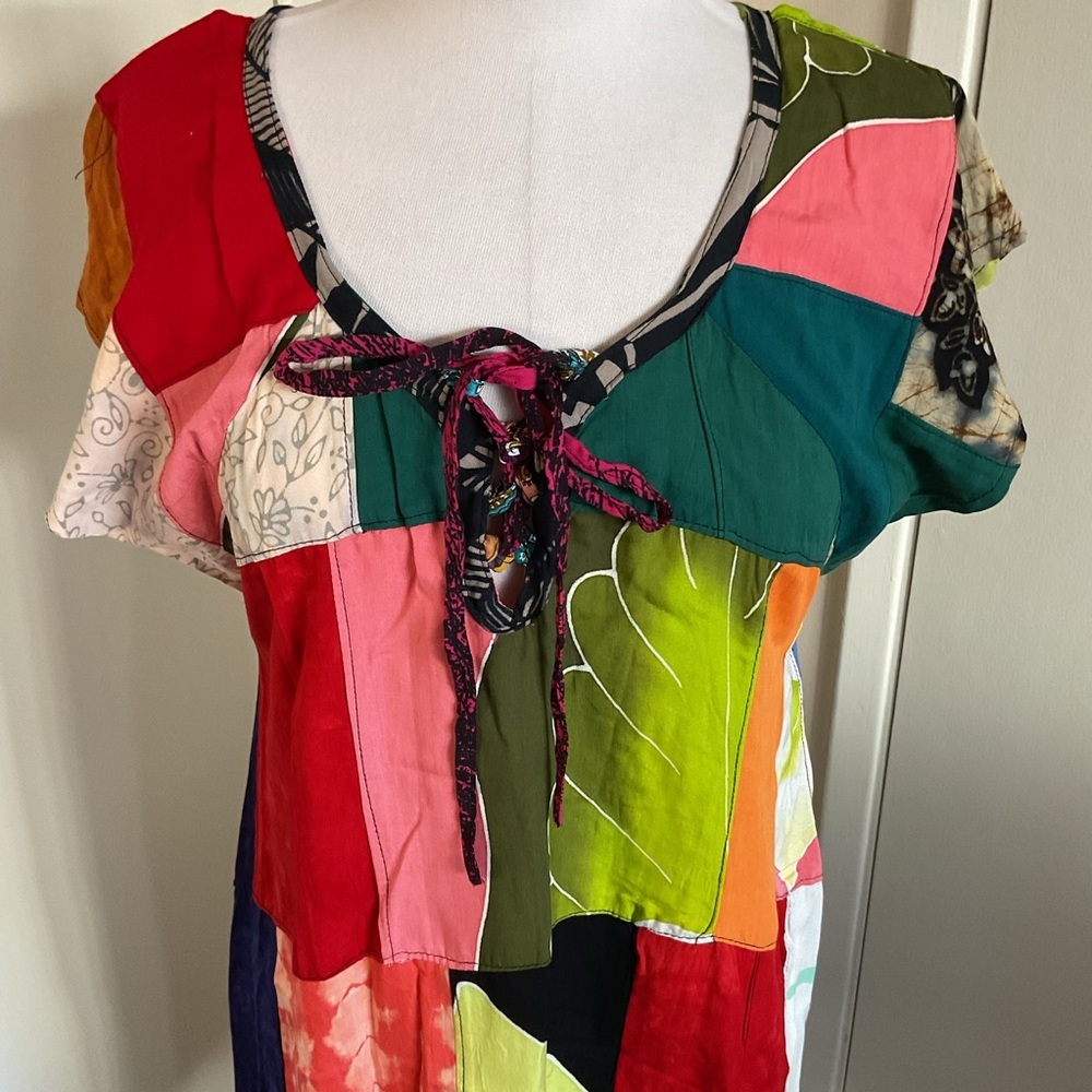 Peaceful People Multicolor Patchwork Rayon Resort Sundress S M Beach Cover Up - Picture 3 of 7